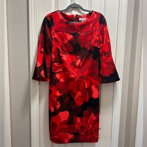 Calvin Klein Red and Black Floral Long Sleeve Dress